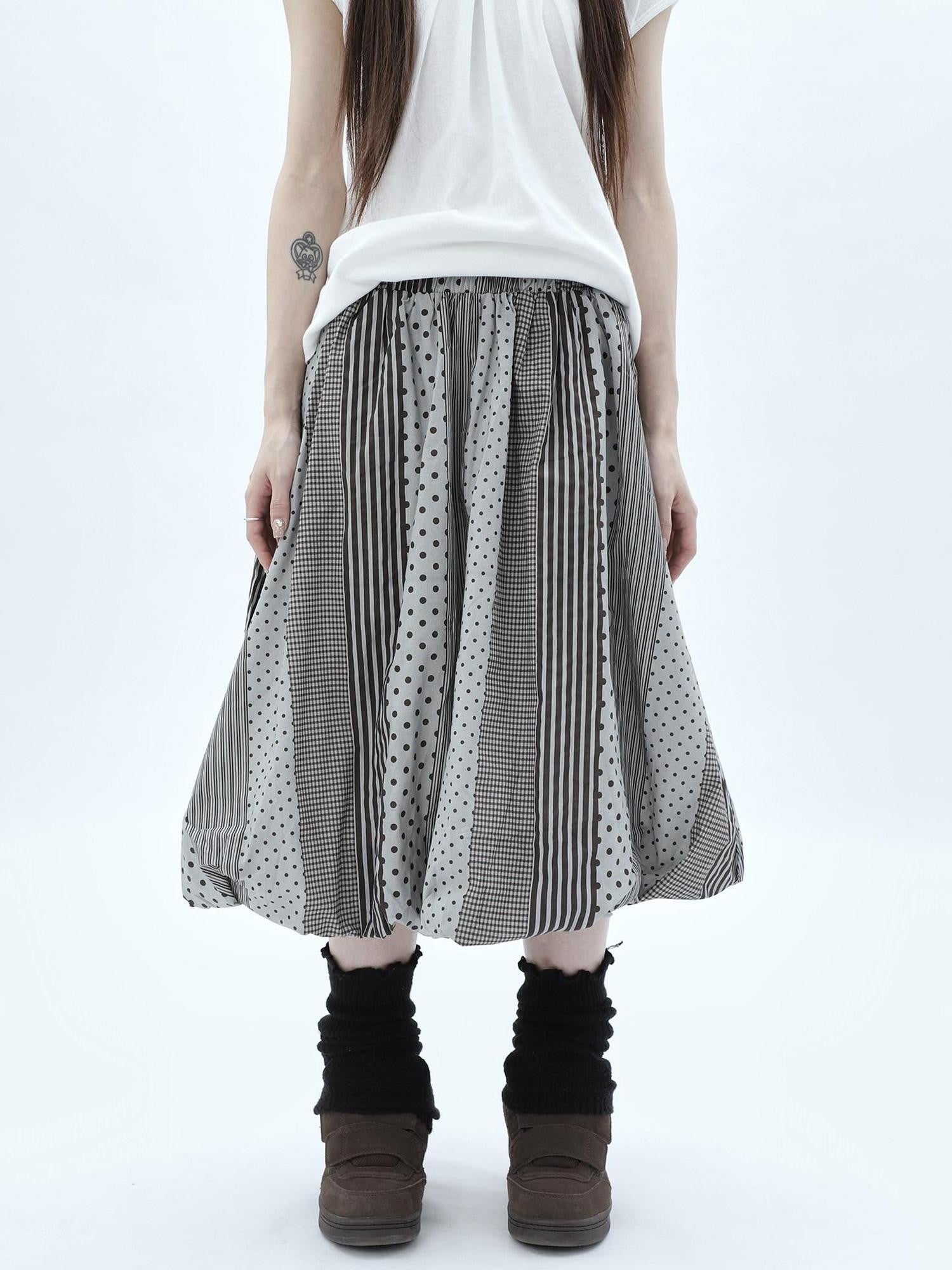 ang project Patchwork Polka Dot Striped Plaid High Waist Bubble Women&