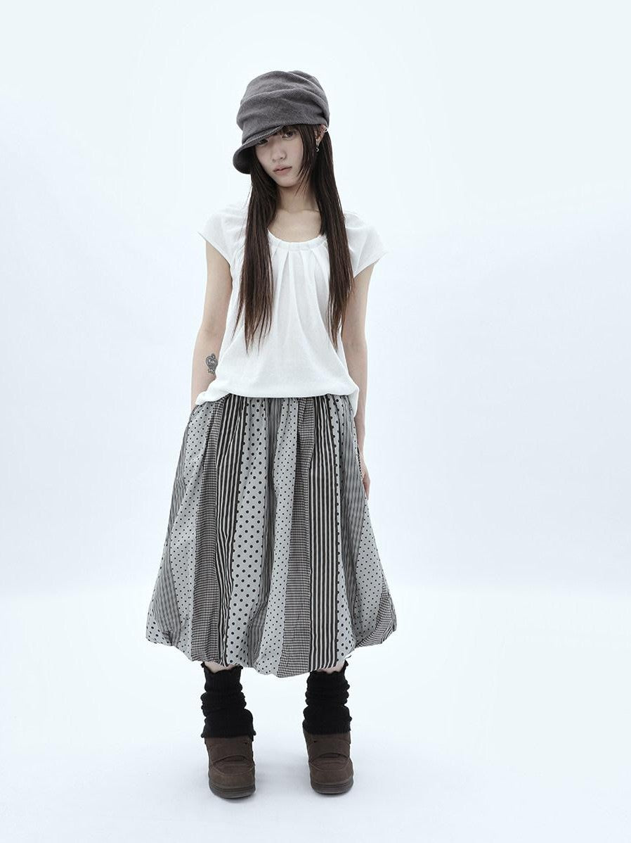 ang project Patchwork Polka Dot Striped Plaid High Waist Bubble Women&