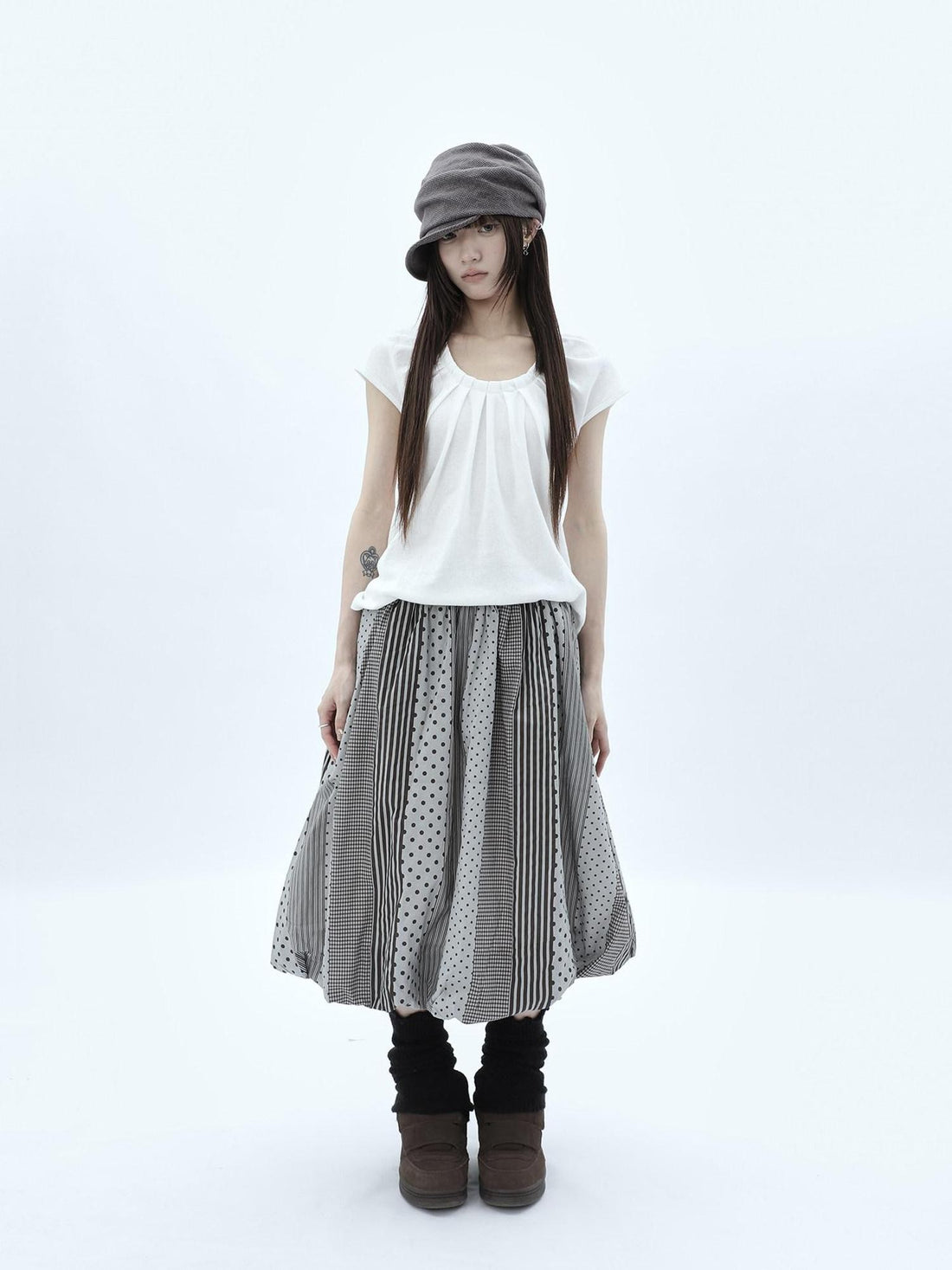 ang project Patchwork Polka Dot Striped Plaid High Waist Bubble Women&
