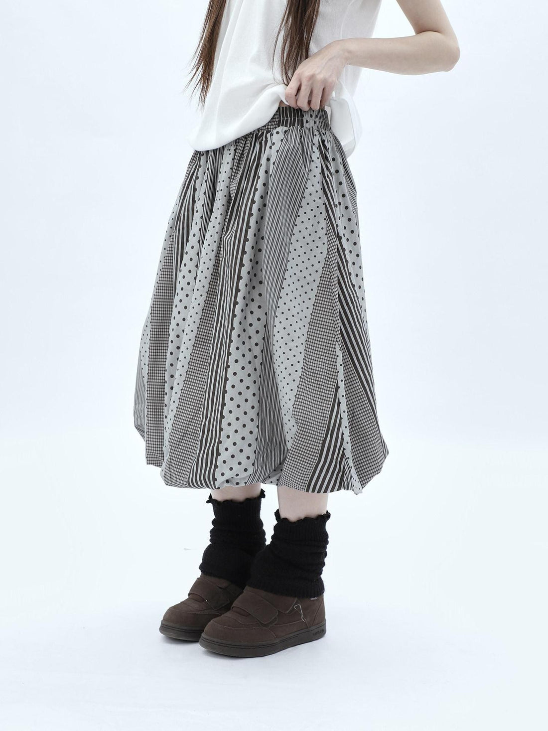 ang project Patchwork Polka Dot Striped Plaid High Waist Bubble Women&