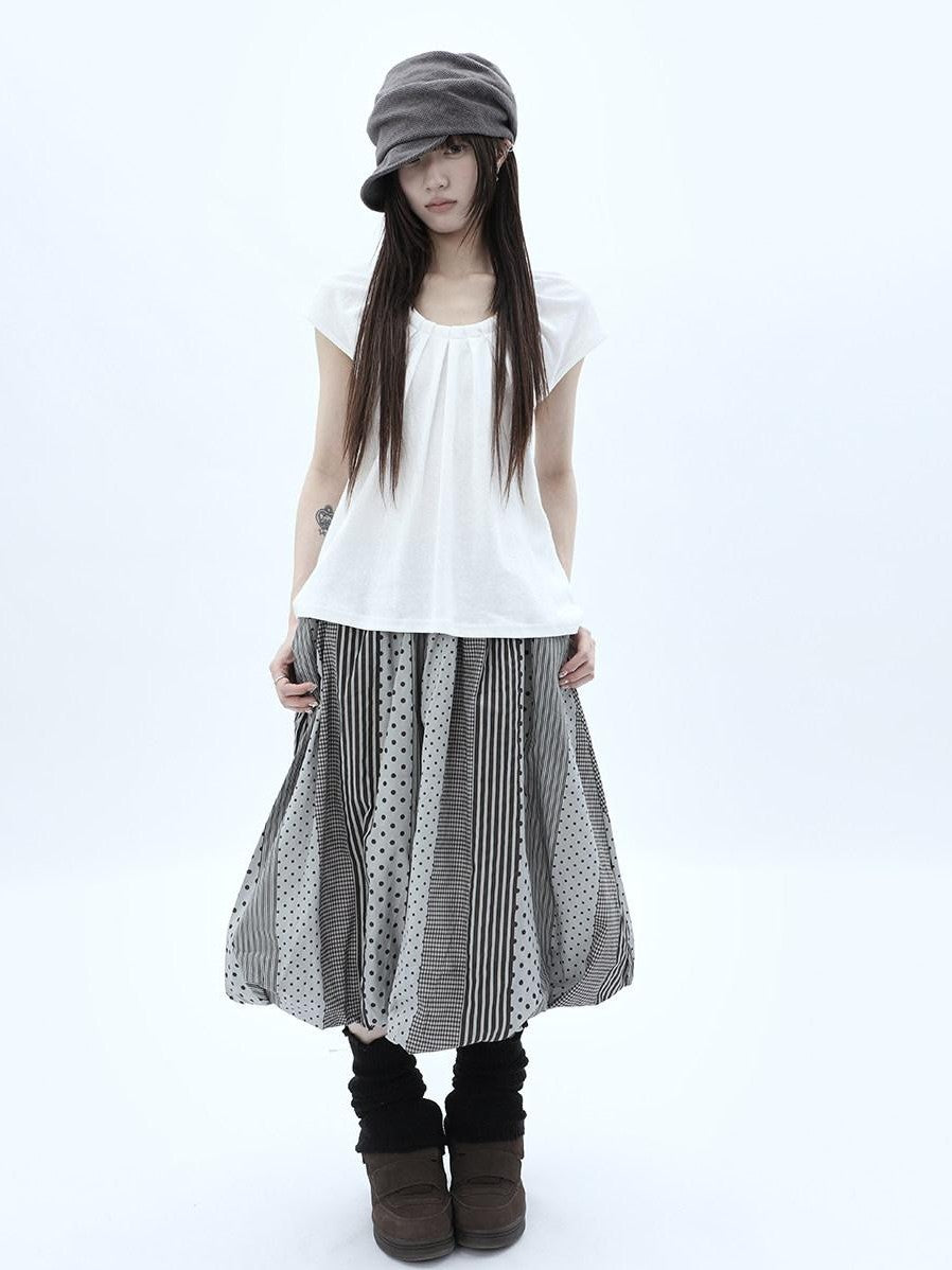 ang project Patchwork Polka Dot Striped Plaid High Waist Bubble Women&