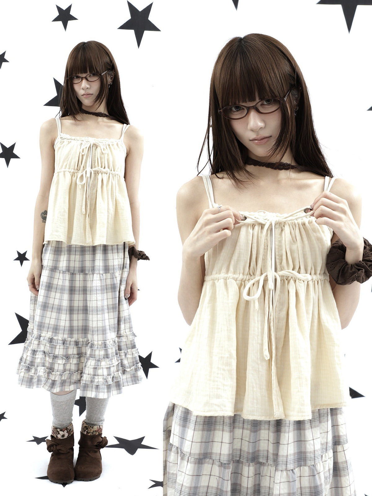 ang_project_Plaid_Bow_Tie_Ruffle_Drawstring_Loose_Fit_Women&