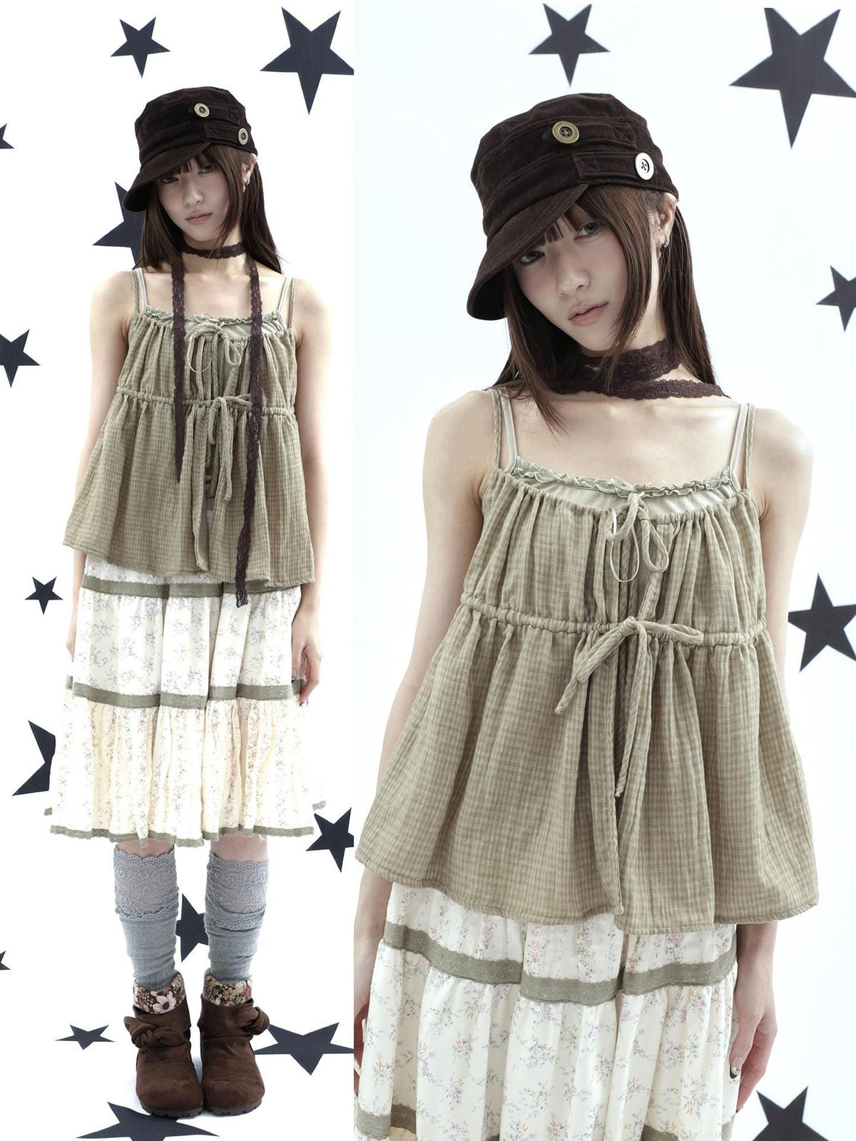 ang project Plaid Bow Tie Ruffle Drawstring Loose Fit Women&