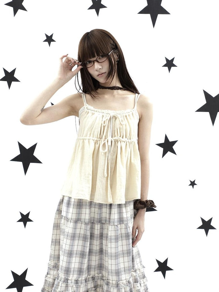 ang project Plaid Bow Tie Ruffle Drawstring Loose Fit Women&