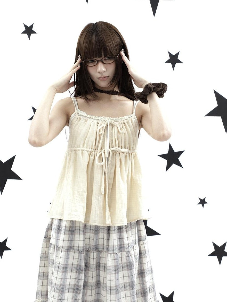 ang project Plaid Bow Tie Ruffle Drawstring Loose Fit Women&