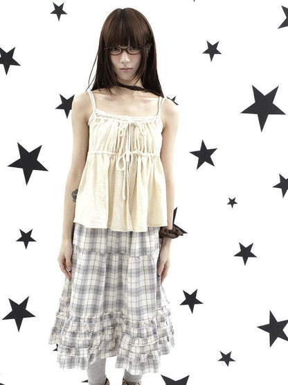 ang project Plaid Bow Tie Ruffle Drawstring Loose Fit Women&