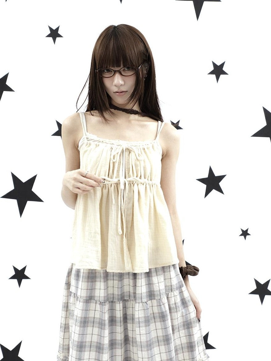 ang project Plaid Bow Tie Ruffle Drawstring Loose Fit Women&
