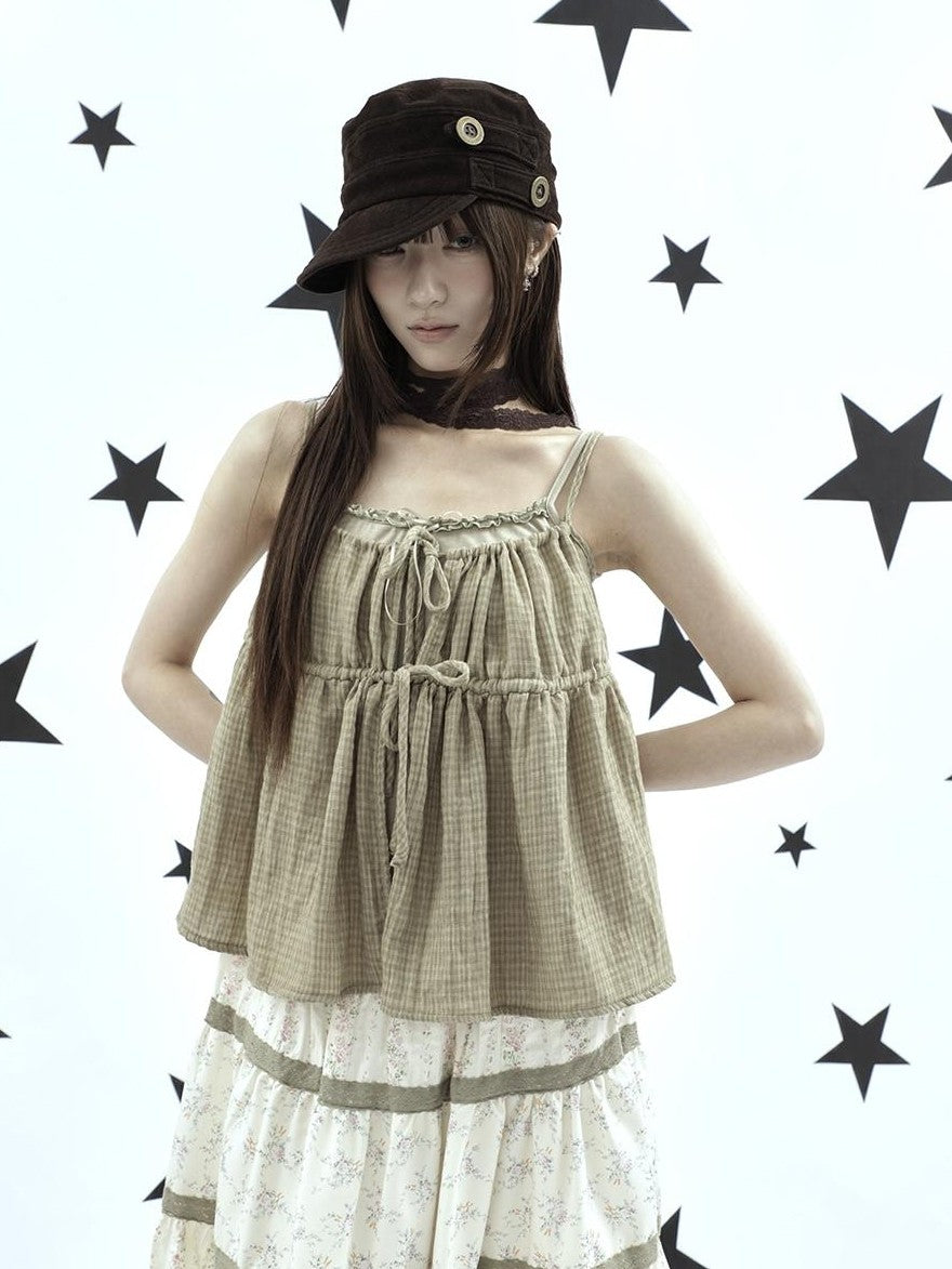 ang project Plaid Bow Tie Ruffle Drawstring Loose Fit Women&