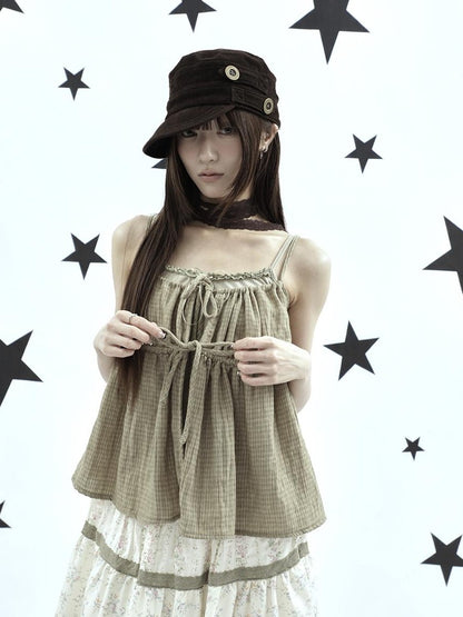 ang project Plaid Bow Tie Ruffle Drawstring Loose Fit Women&