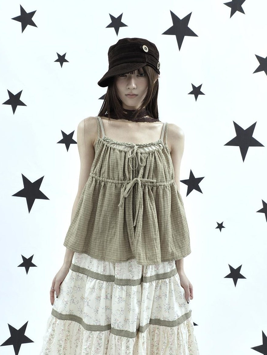 ang project Plaid Bow Tie Ruffle Drawstring Loose Fit Women&