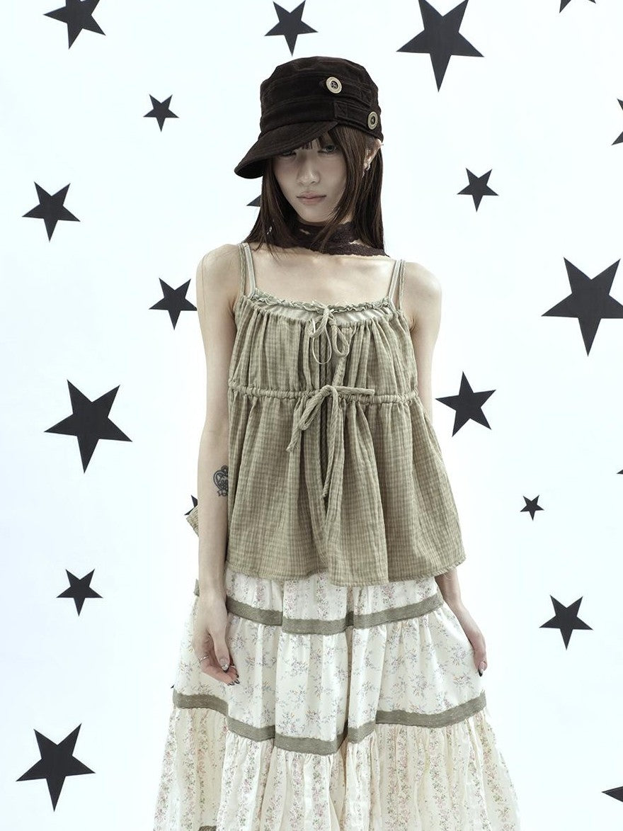 ang project Plaid Bow Tie Ruffle Drawstring Loose Fit Women&