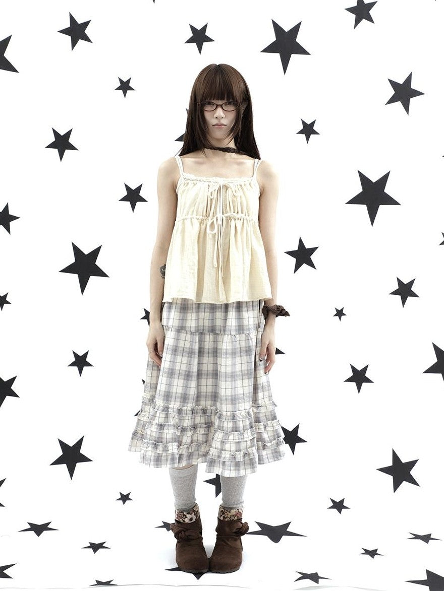 ang project Plaid Bow Tie Ruffle Drawstring Loose Fit Women&