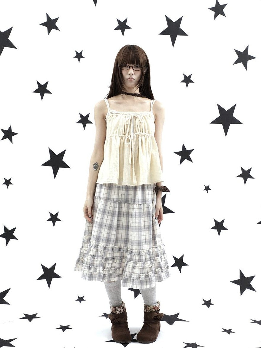 ang project Plaid Bow Tie Ruffle Drawstring Loose Fit Women&