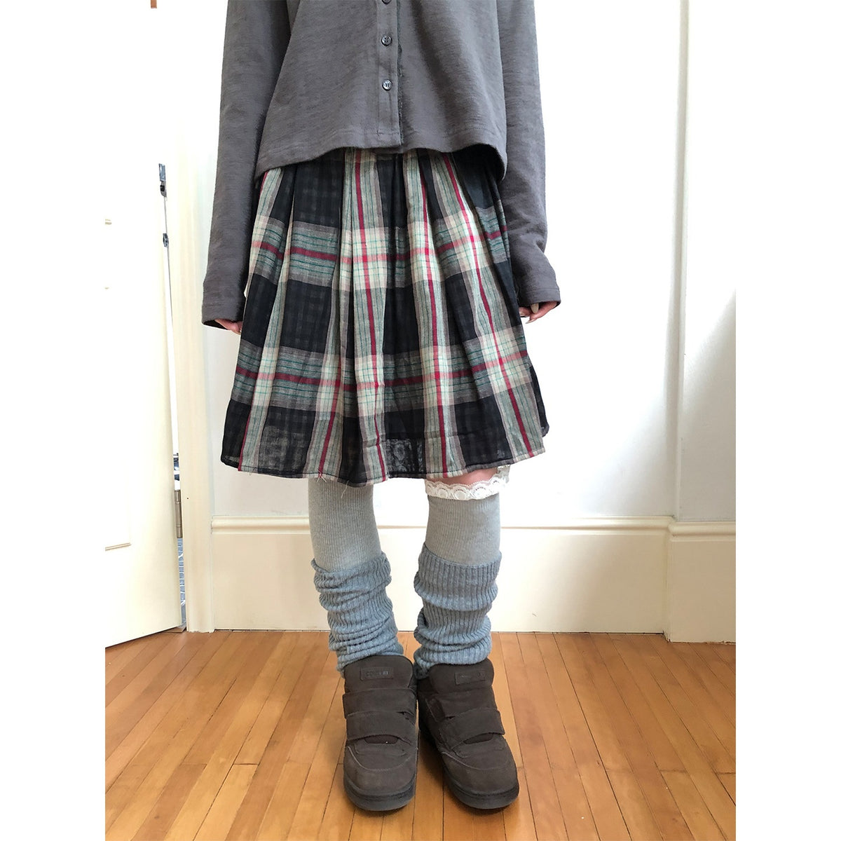 ang_project_Plaid_Color_Block_Pleated_Elastic_Waist_Korean_Style_Women&