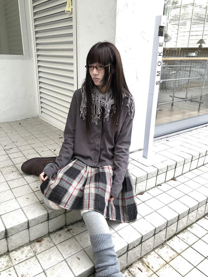 ang project Plaid Color Block Pleated Elastic Waist Korean Style Women&
