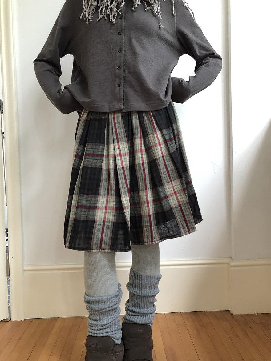 ang project Plaid Color Block Pleated Elastic Waist Korean Style Women&