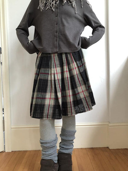 ang project Plaid Color Block Pleated Elastic Waist Korean Style Women&