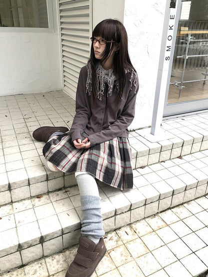 ang project Plaid Color Block Pleated Elastic Waist Korean Style Women&