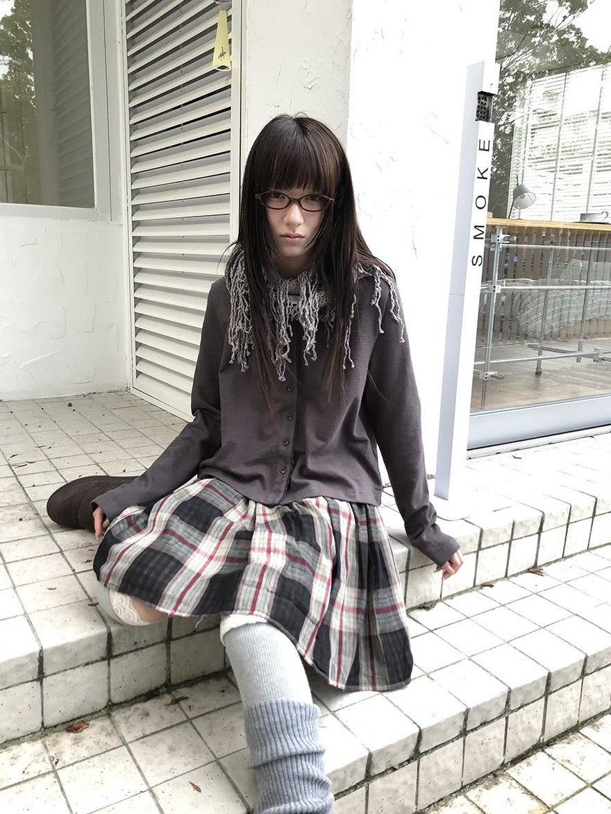 ang project Plaid Color Block Pleated Elastic Waist Korean Style Women&
