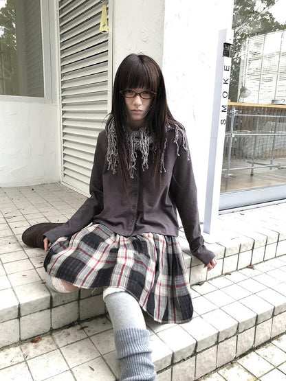 ang project Plaid Color Block Pleated Elastic Waist Korean Style Women&