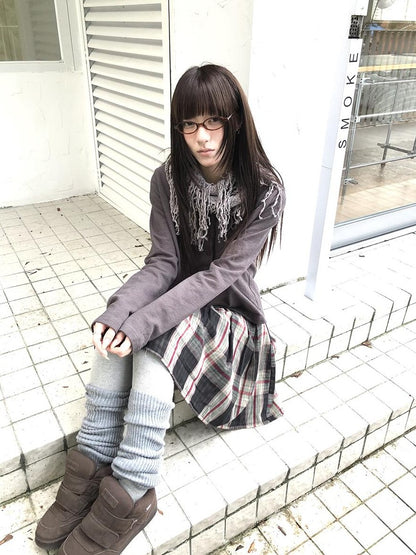 ang project Plaid Color Block Pleated Elastic Waist Korean Style Women&