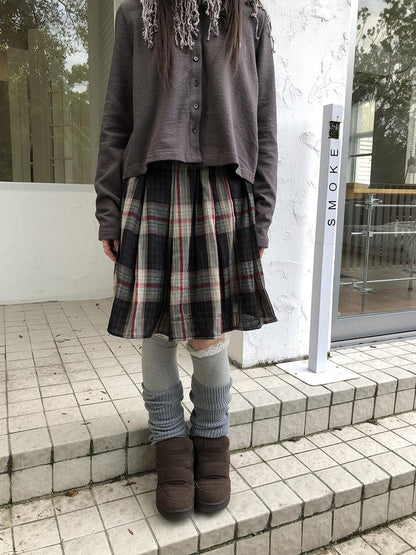 ang project Plaid Color Block Pleated Elastic Waist Korean Style Women&