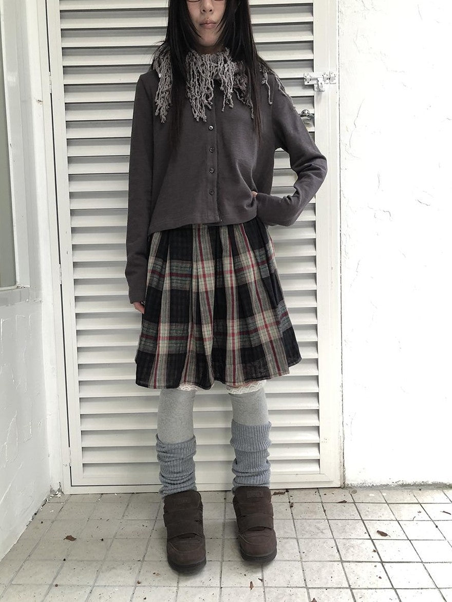 ang project Plaid Color Block Pleated Elastic Waist Korean Style Women&