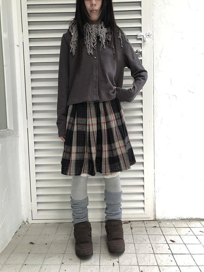 ang project Plaid Color Block Pleated Elastic Waist Korean Style Women&