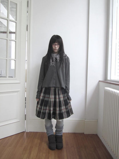 ang project Plaid Color Block Pleated Elastic Waist Korean Style Women&