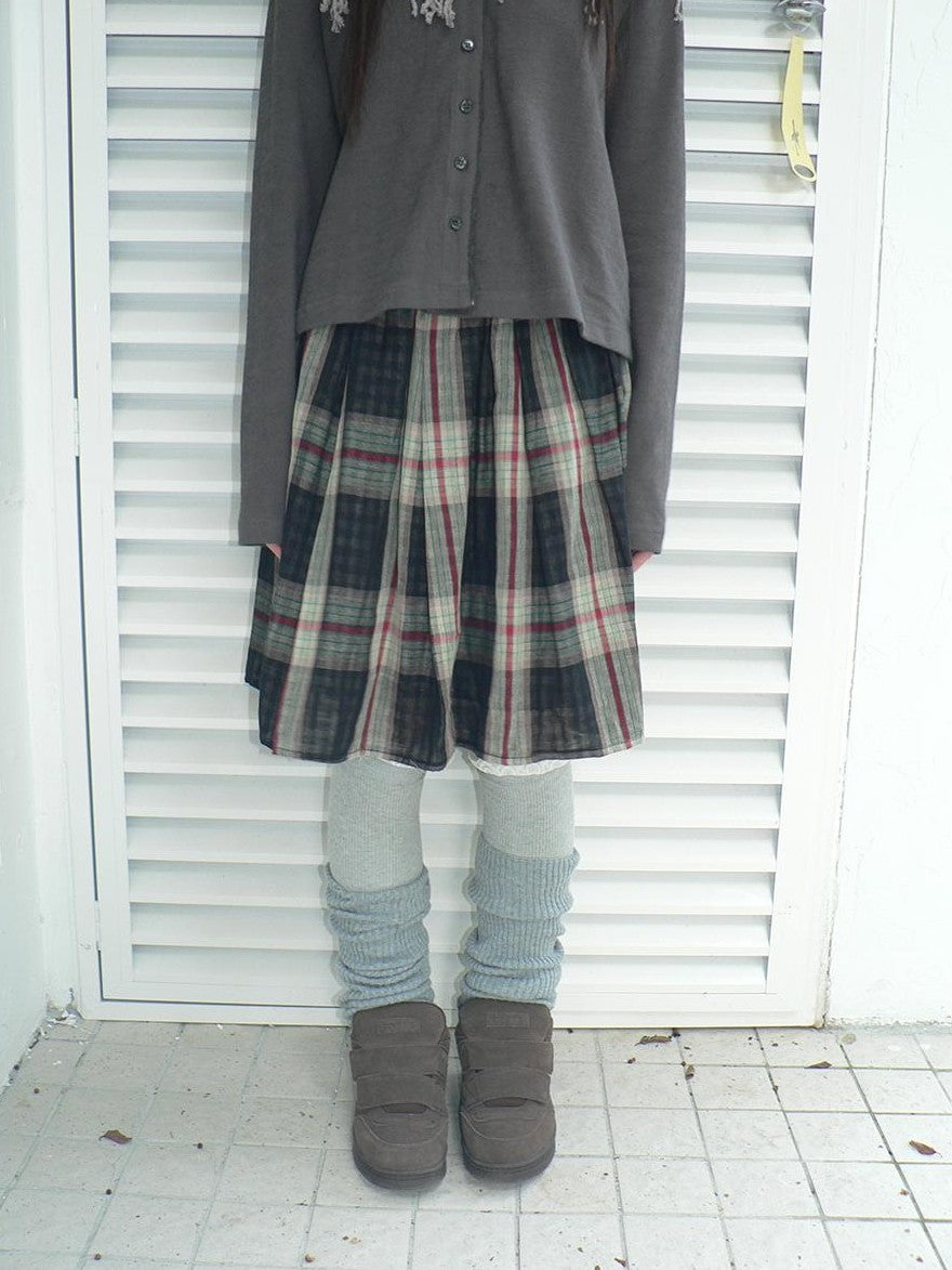 ang project Plaid Color Block Pleated Elastic Waist Korean Style Women&