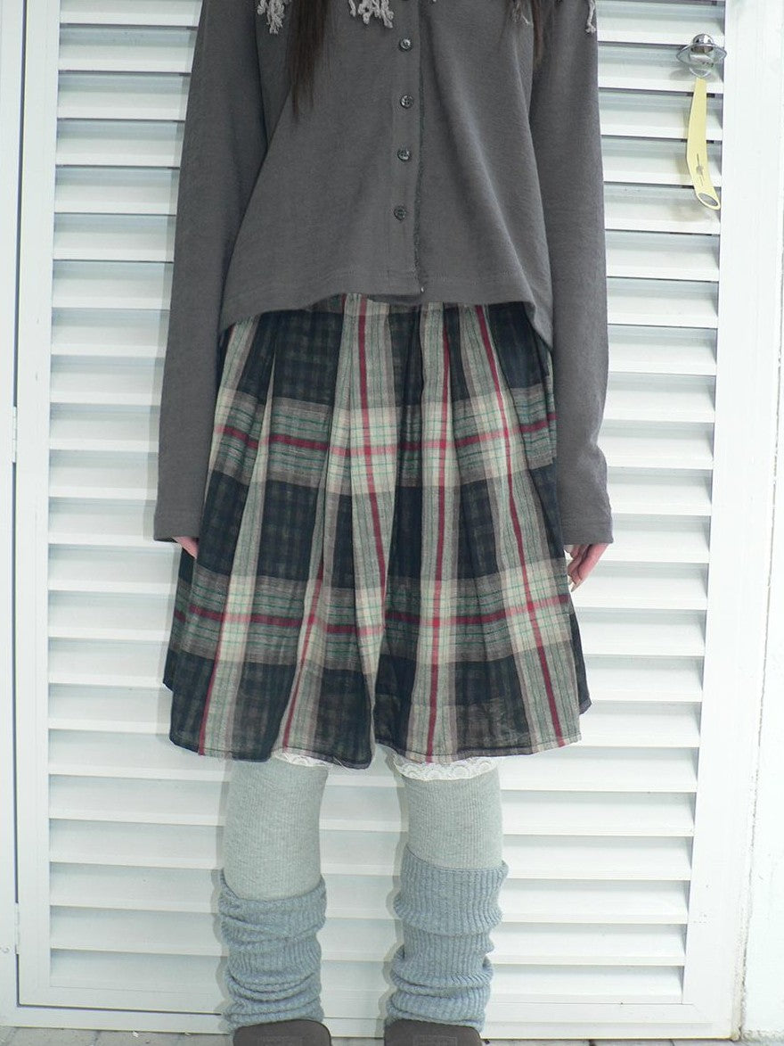ang project Plaid Color Block Pleated Elastic Waist Korean Style Women&