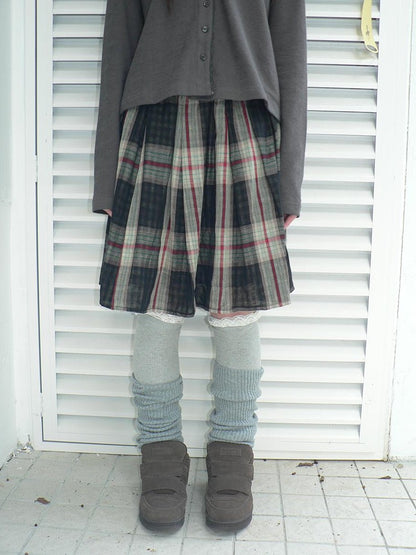ang project Plaid Color Block Pleated Elastic Waist Korean Style Women&