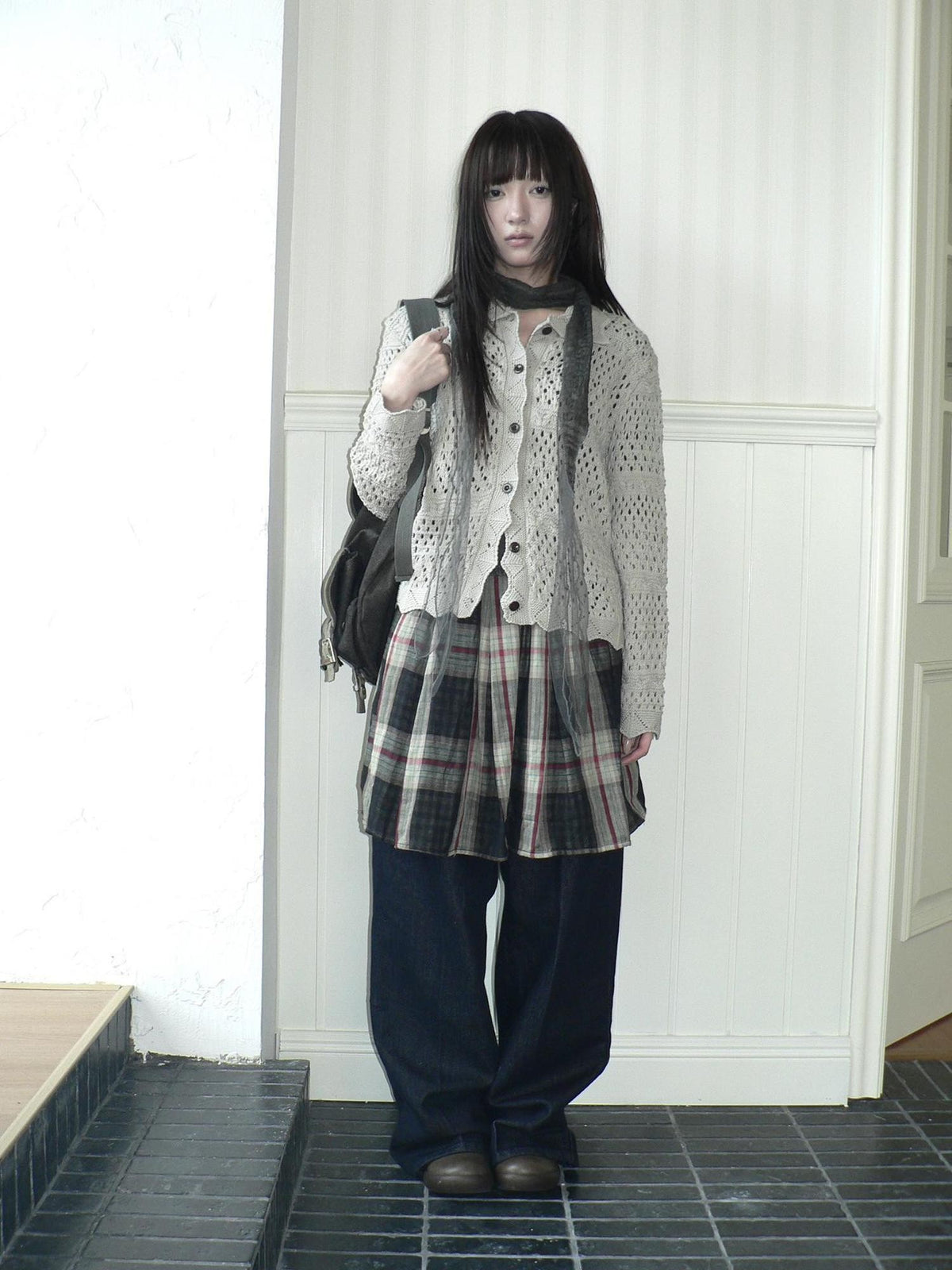 ang project Plaid Color Block Pleated Elastic Waist Korean Style Women&