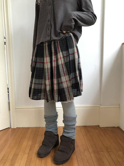 ang project Plaid Color Block Pleated Elastic Waist Korean Style Women&