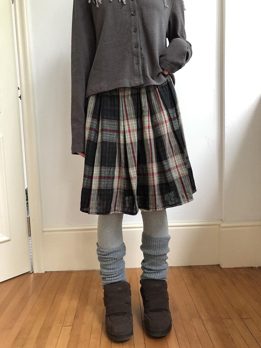 ang project Plaid Color Block Pleated Elastic Waist Korean Style Women&