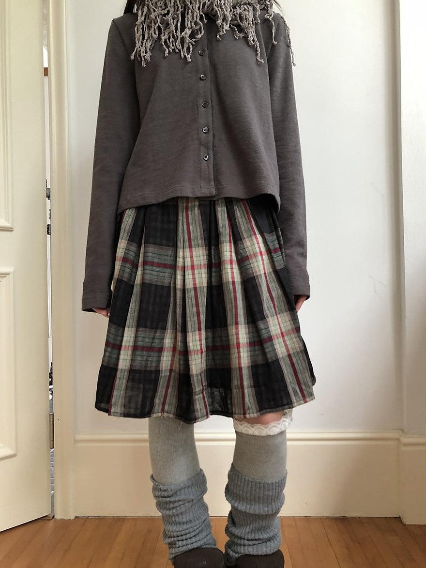 ang project Plaid Color Block Pleated Elastic Waist Korean Style Women&