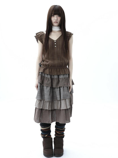 ang project Plaid Colorblock Layered Spliced Pleated Women&