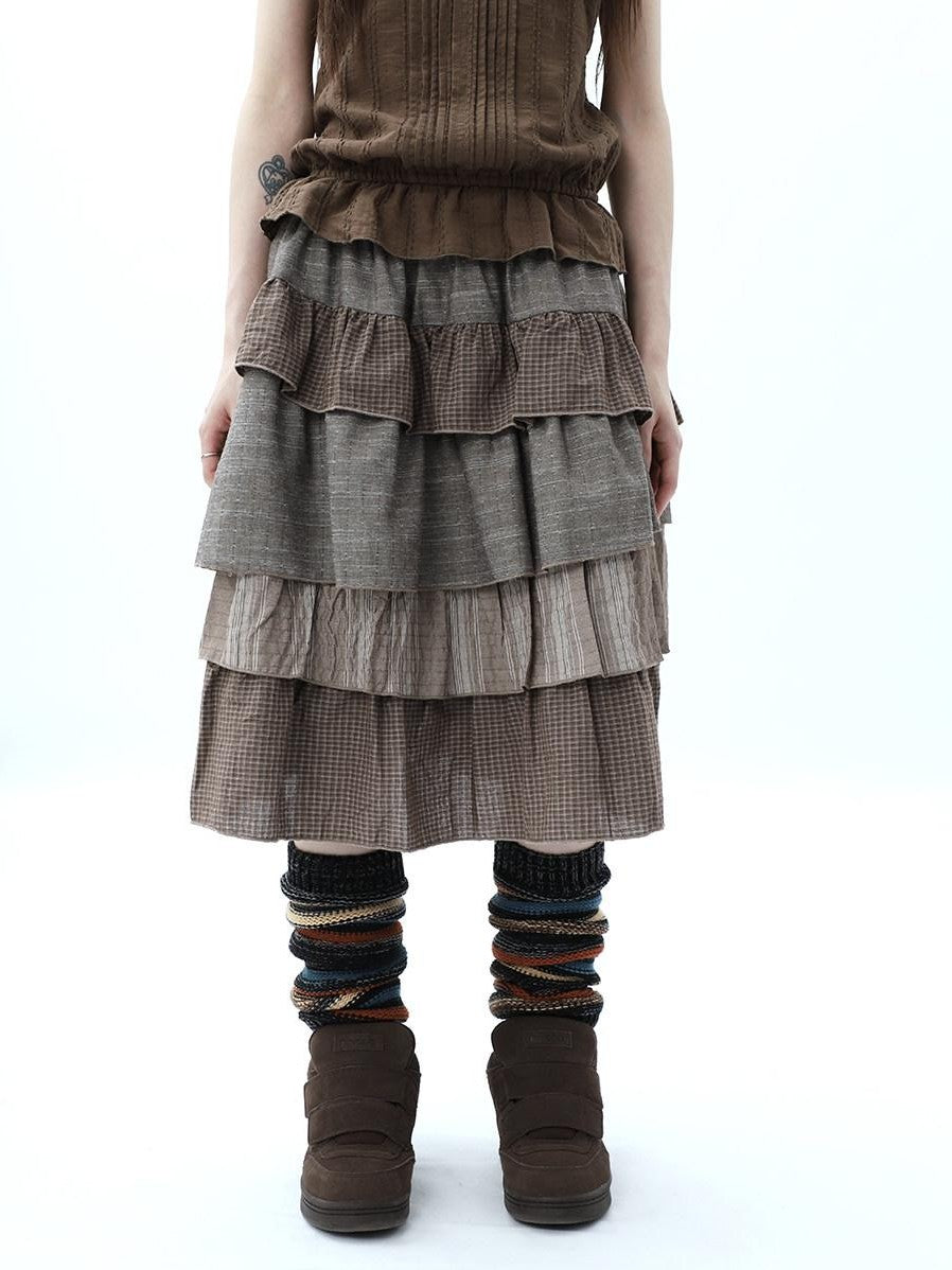 ang project Plaid Colorblock Layered Spliced Pleated Women&