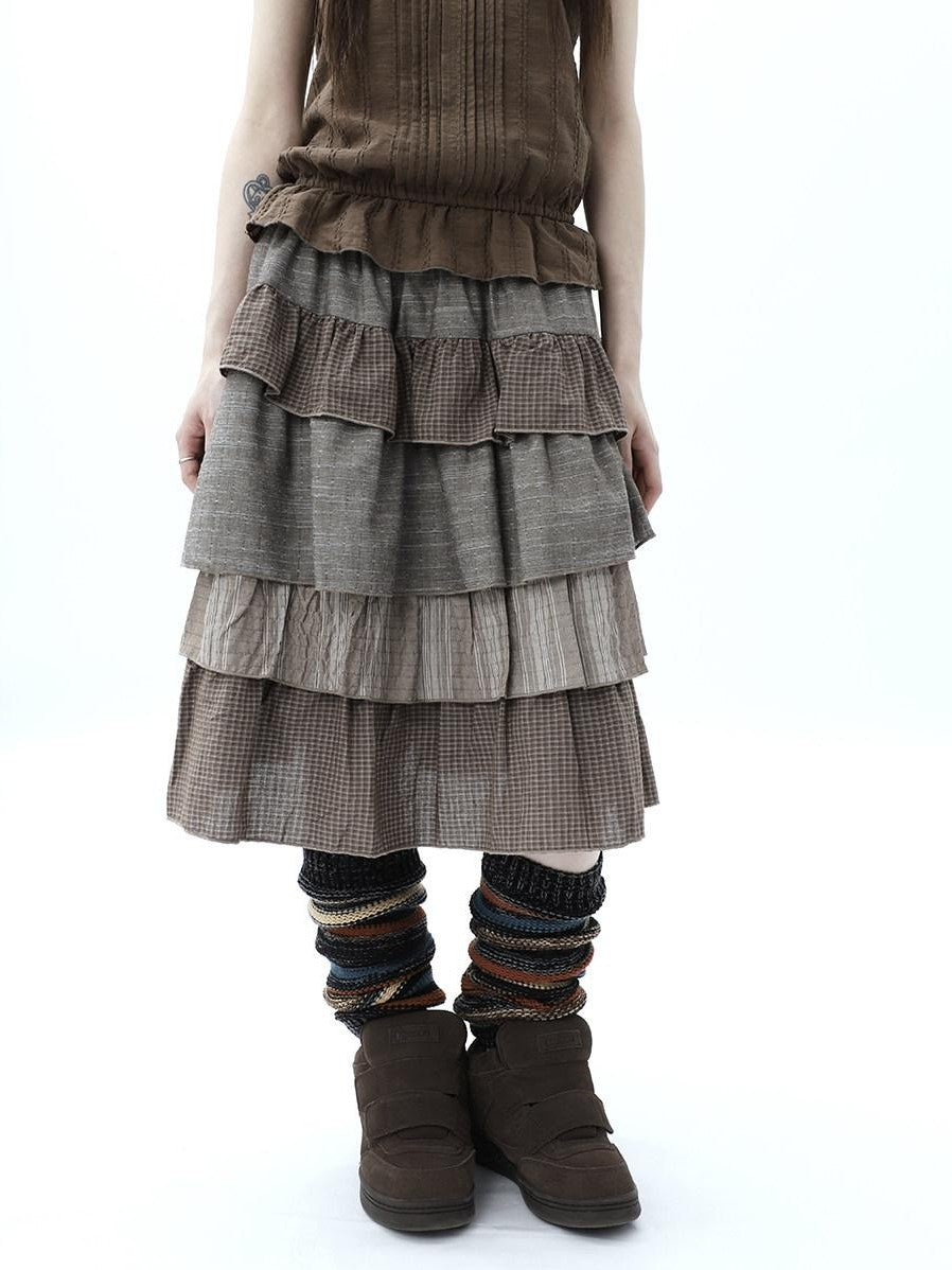 ang project Plaid Colorblock Layered Spliced Pleated Women&