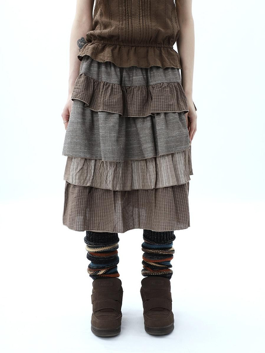 ang project Plaid Colorblock Layered Spliced Pleated Women&