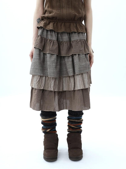 ang project Plaid Colorblock Layered Spliced Pleated Women&