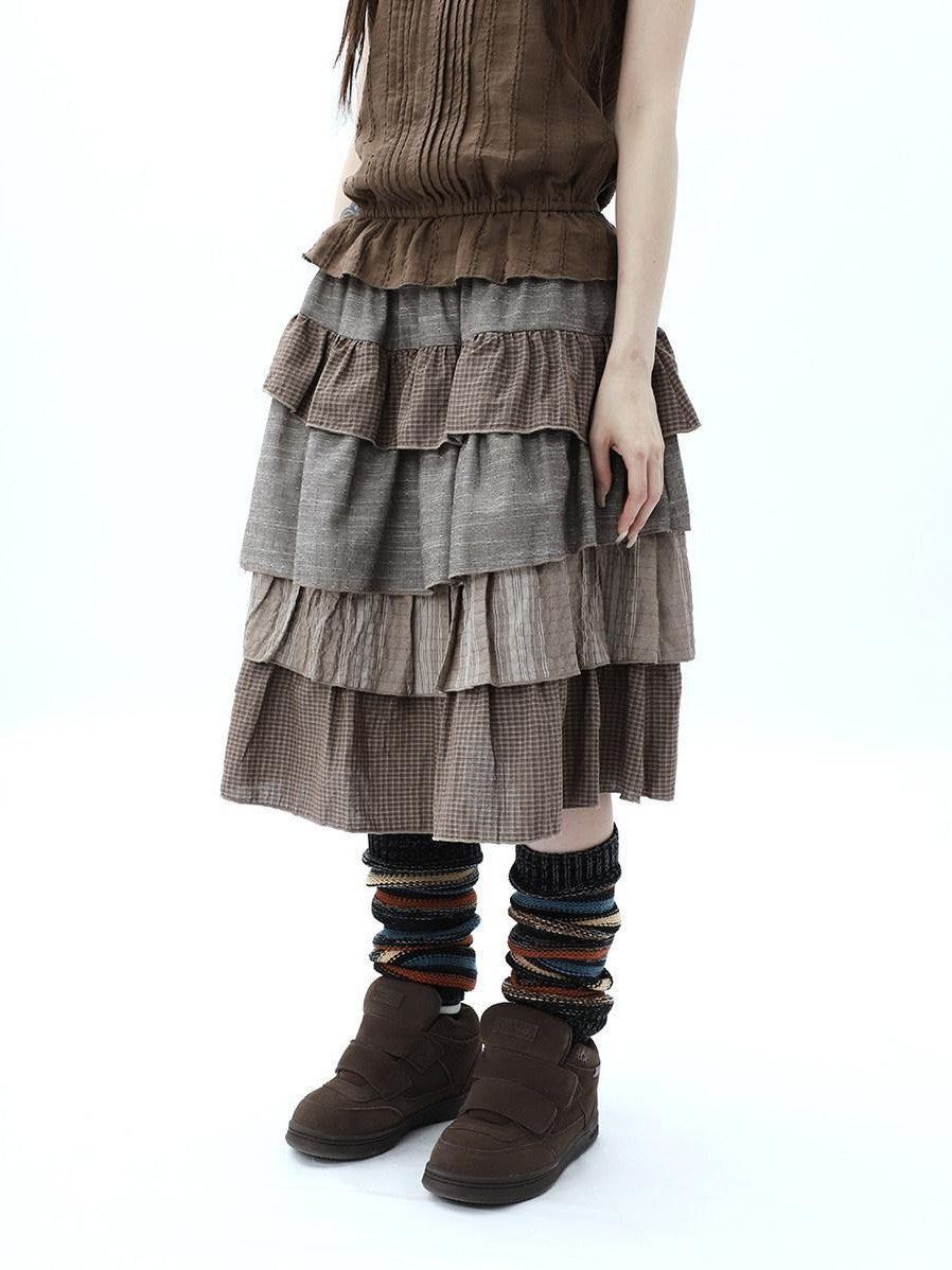 ang project Plaid Colorblock Layered Spliced Pleated Women&