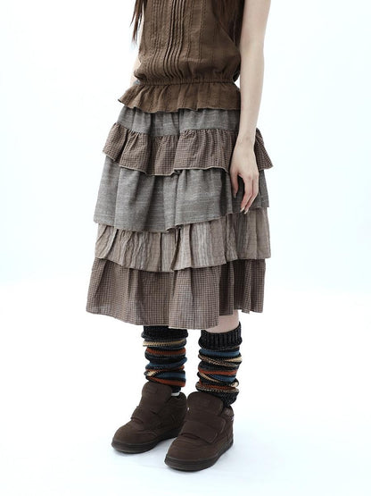 ang project Plaid Colorblock Layered Spliced Pleated Women&