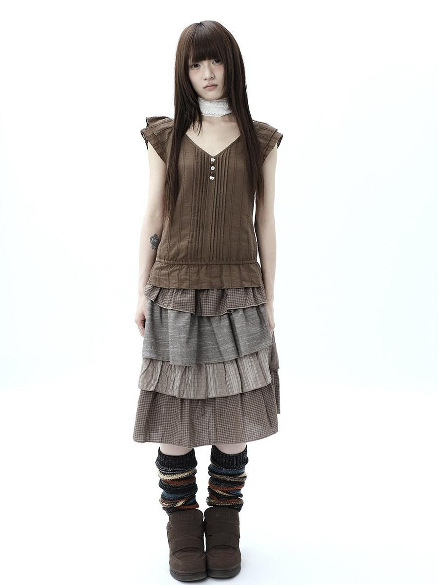 ang project Plaid Colorblock Layered Spliced Pleated Women&