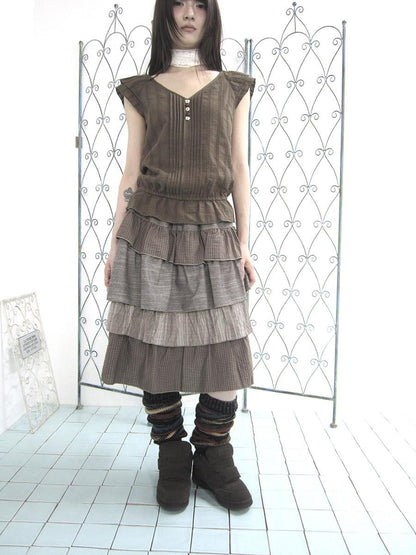 ang project Plaid Colorblock Layered Spliced Pleated Women&