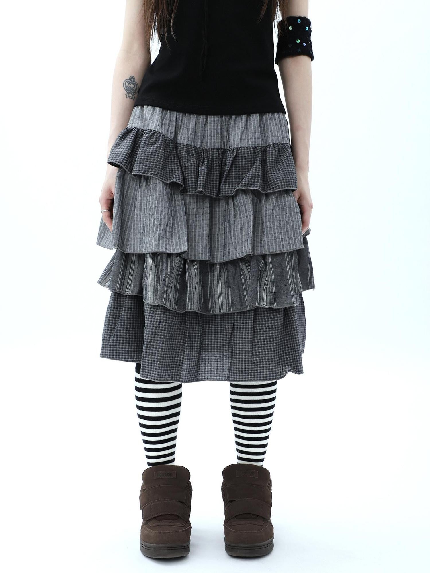 ang project Plaid Colorblock Layered Spliced Pleated Women&
