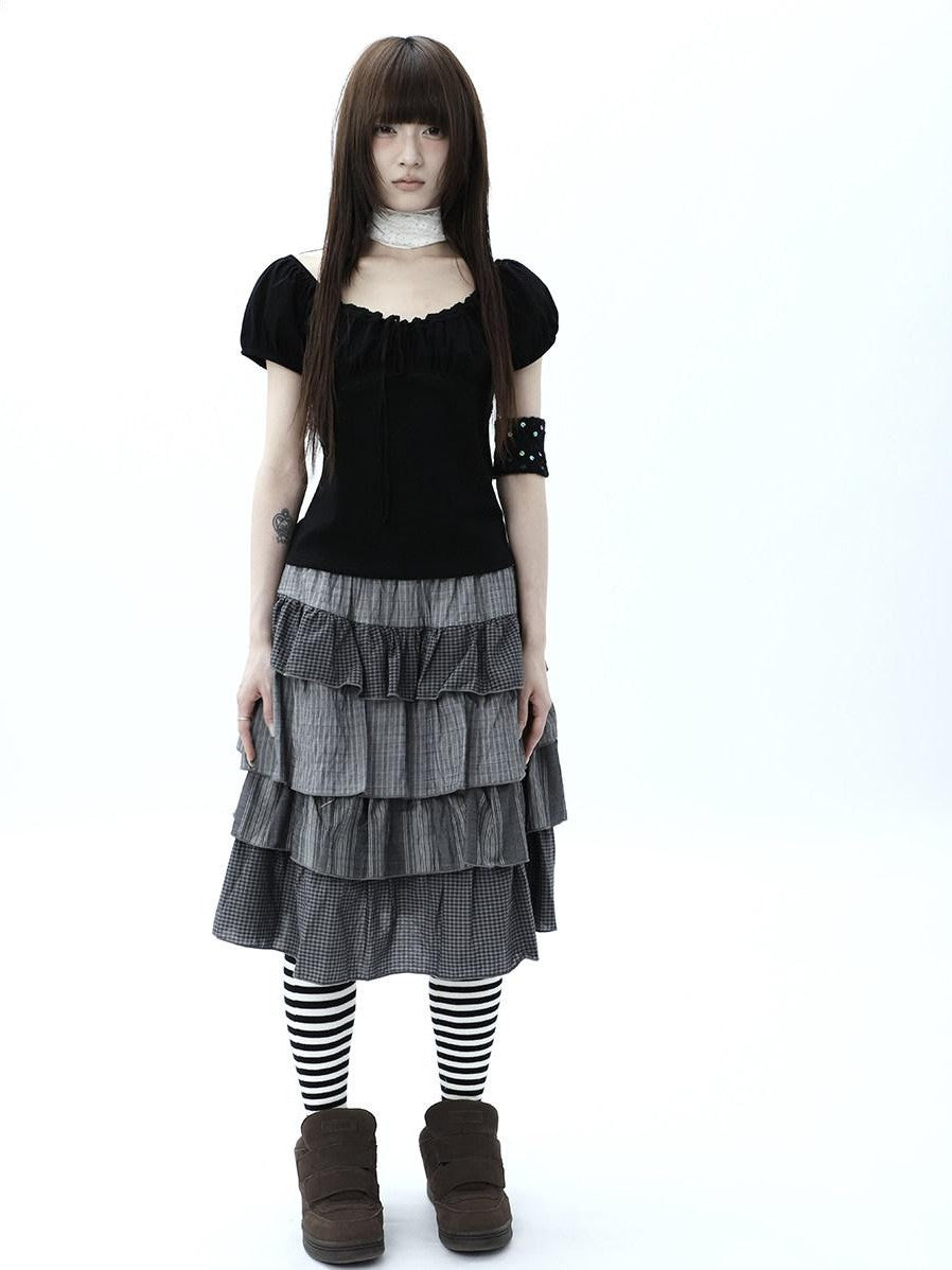 ang project Plaid Colorblock Layered Spliced Pleated Women&