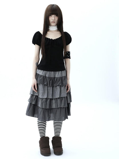 ang project Plaid Colorblock Layered Spliced Pleated Women&