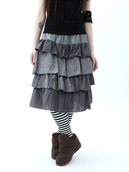 ang project Plaid Colorblock Layered Spliced Pleated Women&
