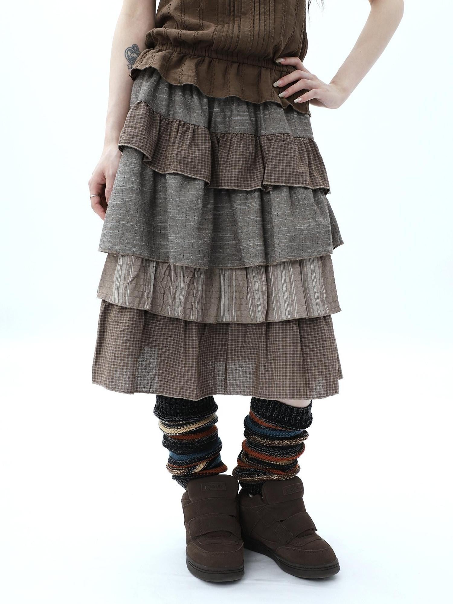 ang project Plaid Colorblock Layered Spliced Pleated Women&